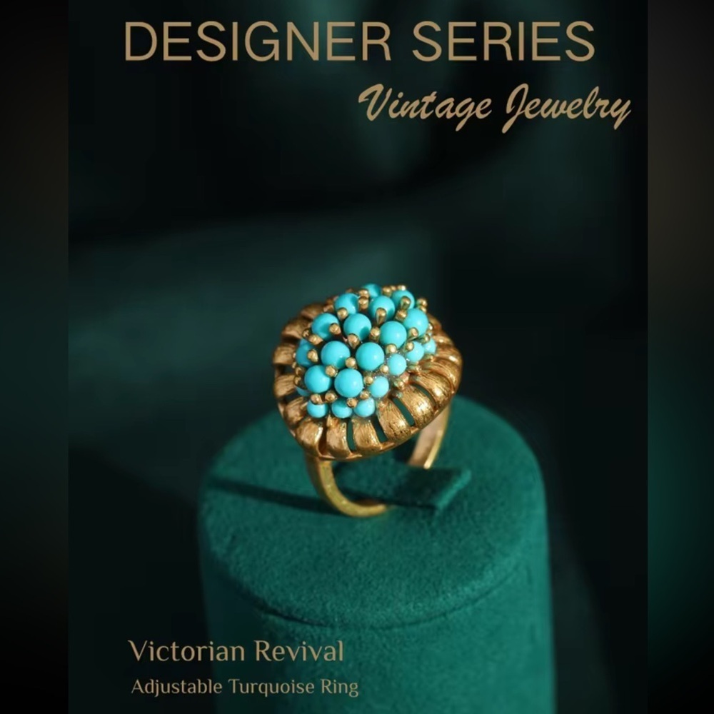 Golden Age Victorian Turquoise Treasure Antique Brass Masterpiece Ring - Picture 6 of 14